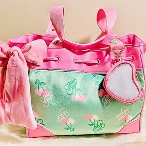 Juicy Couture Pink & Green Cherry Print Tote Dreamer Bag with Heart Charm
